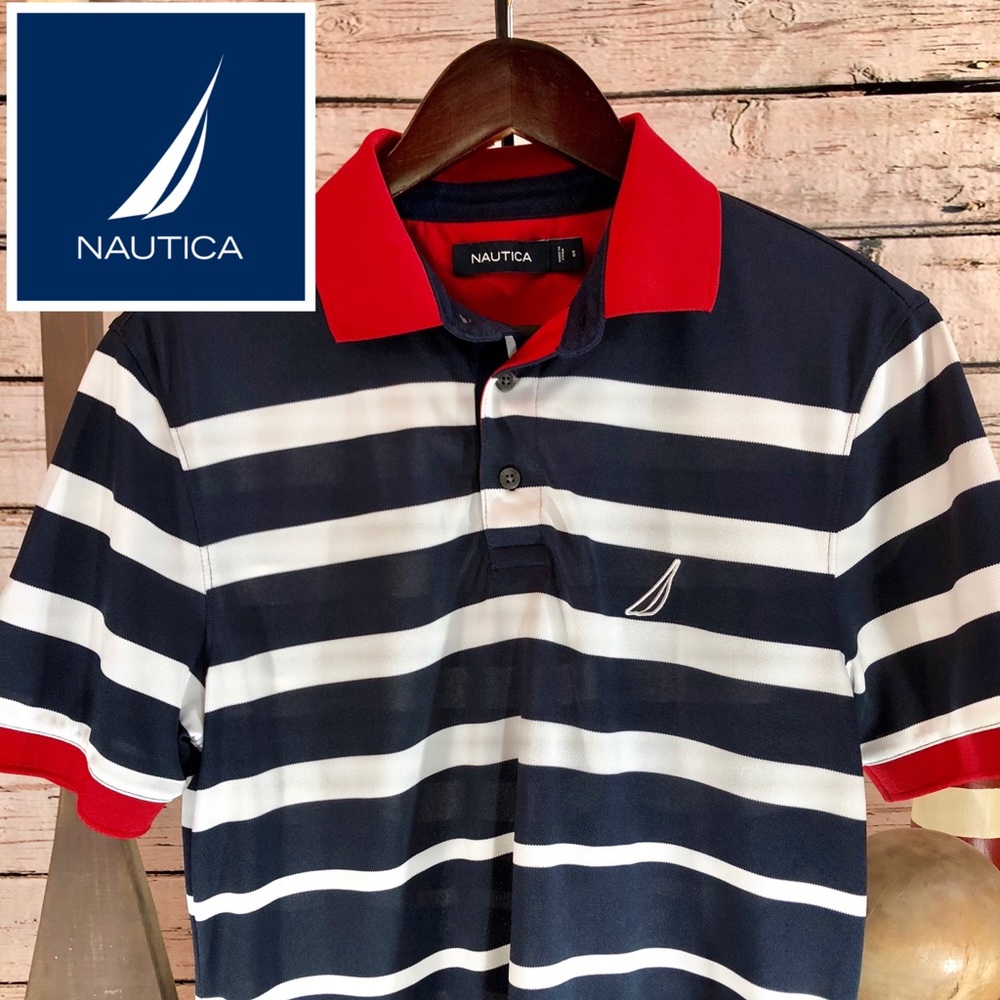 🛥 Nautica Navy Blue & White Stripped Polo Shirt